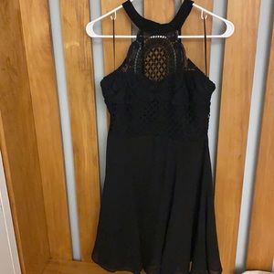 Lulus Black Knit Halter Chiffon Skater Dress Open Back